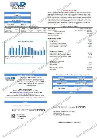 USA Fallbrook Public utility bill template in Word and PDF format